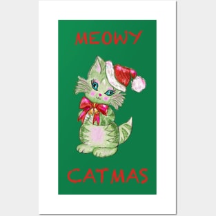 Meowy Catmas stripped tabby cat with santa hat Posters and Art